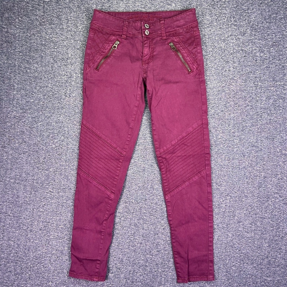 American Eagle Pants Womens 00 Burgundy‎ Skinny Crop Moto Ribbed Grunge Low Rise